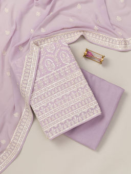 Koskii - Lavender Threadwork Georgette Unstitched Kurta and Bottom with Dupatta (Set of 3)