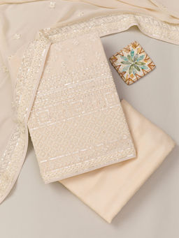 Koskii - Beige Threadwork Georgette Unstitched Kurta and Bottom with Dupatta (Set of 3)