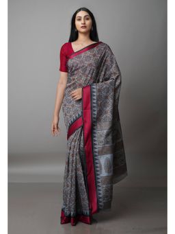 Unnati Silks - Grey Block Printed Sico Saree with Unstitched Blouse