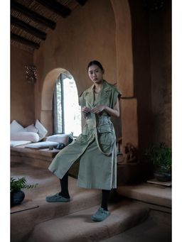 The Terra Tribe - Khaki Harajuku Trench Coat Dress with Belt (Set of 2)