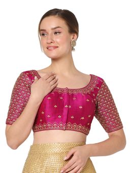 SALWAR STUDIO - Women Rani Silk Blend Embroidered Readymade Saree Blouse