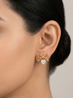 RACHIVA - 18K Gold Plated Bow with Cz Heart Stud Earrings