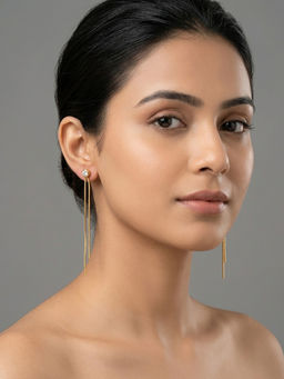 RACHIVA - 18K Gold Plated Bezel Cz Stud with Long Double Tassel Chain Drop Earrings