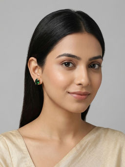 RACHIVA - 18K Gold Plated Emerald Green Oval Cz Solitaire Stud Earrings