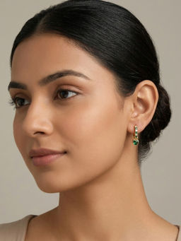 RACHIVA - 18K Gold Plated Green Cz Pave Huggie with Green Heart Drop Earrings