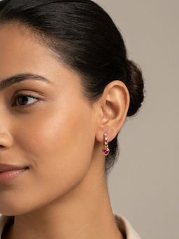 RACHIVA - 18K Gold Plated Pink Cz Pave Huggie with Fuchsia Heart Drop Earrings