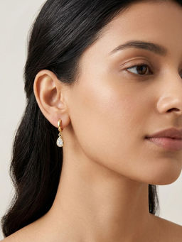 RACHIVA - 18K Gold Plated Plain Huggie with Bezel Pear Cz Drop Earrings