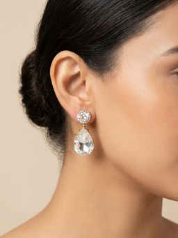RACHIVA - 18K Rose Gold Plated Clear Crystal Round and Pear Cz Statement Drop Earrings