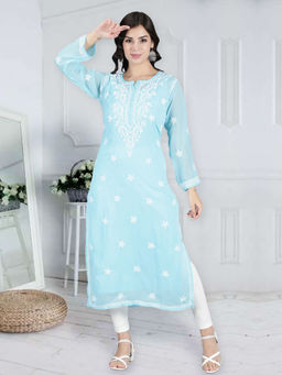 Seva Chikan - Hand Embroidered Blue Georgette Lucknowi Chikankari Kurta With Inner (Set of 2)