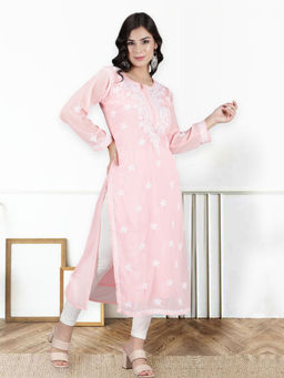 Seva Chikan - Hand Embroidered Pink Georgette Lucknowi Chikankari Kurta With Inner (Set of 2)
