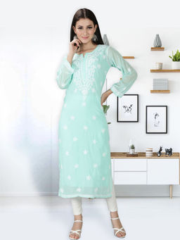 Seva Chikan - Hand Embroidered Sea Green Lucknowi Chikankari Kurta With Inner (Set of 2)
