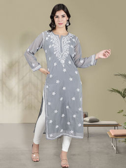 Seva Chikan - Hand Embroidered Grey Georgette Lucknowi Chikankari Kurta With Inner (Set of 2)