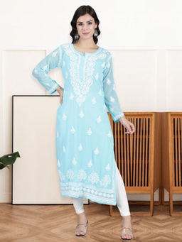Seva Chikan - Hand Embroidered Blue Georgette Lucknowi Chikankari Kurta With Inner (Set of 2)
