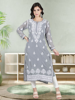 Seva Chikan - Hand Embroidered Grey Georgette Lucknowi Chikankari Kurta With Inner (Set of 2)
