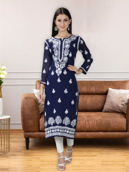 Seva Chikan - Hand Embroidered Navy Blue Lucknowi Chikankari Kurta With Inner (Set of 2)