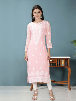 Seva Chikan - Hand Embroidered Pink Georgette Lucknowi Chikankari Kurta With Inner (Set of 2)
