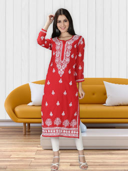 Seva Chikan - Hand Embroidered Red Georgette Lucknowi Chikankari Kurta With Inner (Set of 2)