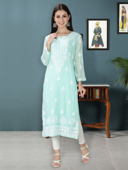 Seva Chikan - Hand Embroidered Sea Green Lucknowi Chikankari Kurta With Inner (Set of 2)
