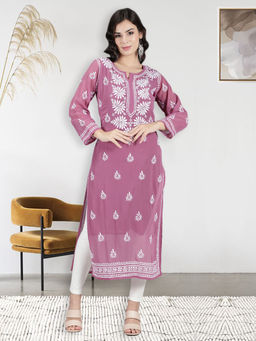 Seva Chikan - Hand Embroidered Burgundy Lucknowi Chikankari Kurta With Inner (Set of 2)