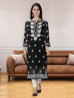 Seva Chikan - Hand Embroidered Black Georgette Lucknowi Chikankari Kurta With Inner (Set of 2)