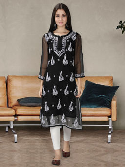 Seva Chikan - Hand Embroidered Black Georgette Lucknowi Chikankari Kurta With Inner (Set of 2)
