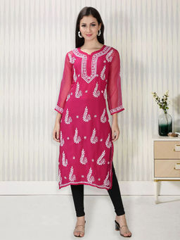 Seva Chikan - Hand Embroidered Magenta Georgette Lucknowi Chikankari Kurta With Inner (Set of 2)