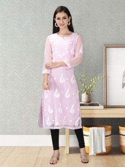 Seva Chikan - Hand Embroidered Pink Georgette Lucknowi Chikankari Kurta With Inner (Set of 2)