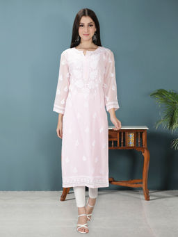 Seva Chikan - Hand Embroidered Pink Georgette Lucknowi Chikankari Kurta With Inner (Set of 2)