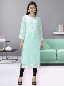 Seva Chikan - Hand Embroidered Sea Green Lucknowi Chikankari Kurta With Inner (Set of 2)