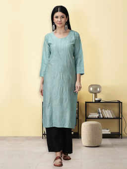 Seva Chikan - Hand Embroidered Sage Green Chanderi Lucknowi Chikankari Kurta