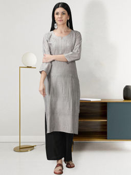 Seva Chikan - Hand Embroidered Grey Chanderi Lucknowi Chikankari Kurta