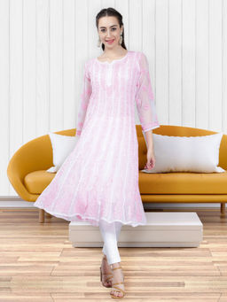 Seva Chikan - Hand Embroidered Pink Georgette Lucknowi Chikankari Anarkali Kurta