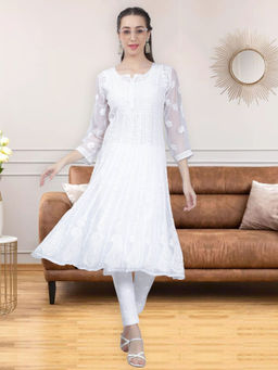 Seva Chikan - Hand Embroidered White Georgette Lucknowi Chikankari Anarkali Kurta