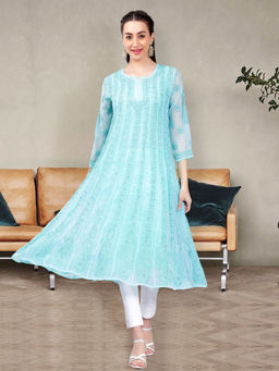Seva Chikan - Hand Embroidered Sea Green Georgette Lucknowi Chikankari Anarkali Kurta