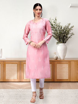 Seva Chikan - Hand Embroidered Pink Chanderi Lucknowi Chikankari Kurta
