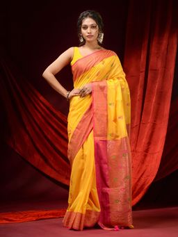 CHARUKRITI - Light Chrome Yellow Cotton Ethnic Motifs and Zari Designs Saree with Unstitched Blouse