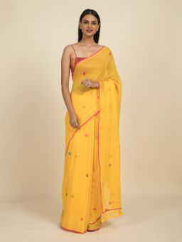 Suta - Yellow Floral Block Printed Pure Cotton Saree