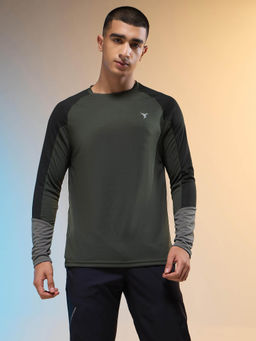 Technosport - Men Dark Green Colorblock Slim Fit Round Neck Sports T-shirt