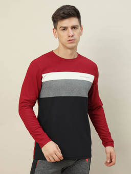 Technosport - Men Red Colorblock Slim Fit Round Neck Sports T-shirt