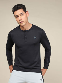 Technosport - Men Black Slim Fit Ribbed Henley Neck Sports T-shirt