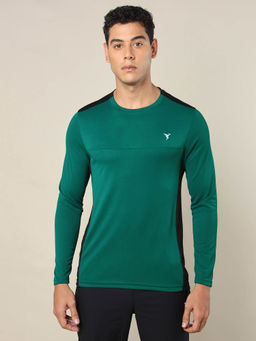 Technosport - Men Green Colorblock Slim Fit Round Neck Sports T-shirt