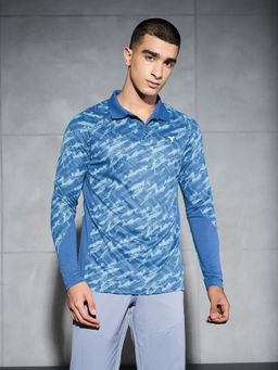Technosport - Men Blue Printed Slim Fit Polo Sports T-shirt