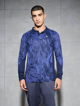 Technosport - Men Navy Blue Printed Slim Fit Polo Sports T-shirt