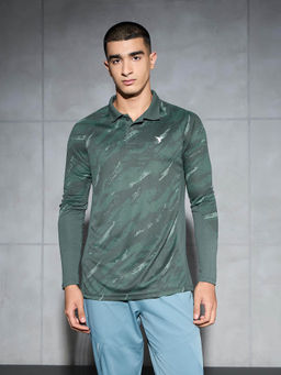 Technosport - Men Green Printed Slim Fit Polo Sports T-shirt