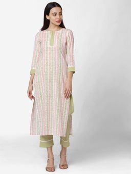 Shaily - Women White & Green Striped Kurta With Trousers (set Of 2)