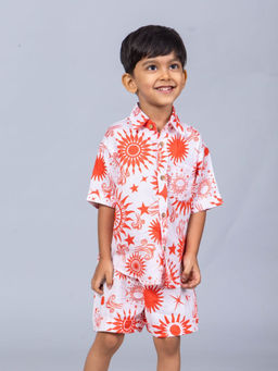 Tura Turi - Boys White Celestial Sun Cotton Shirt & Shorts