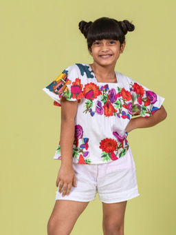 Tura Turi - Girls Cotton White Rosa Top & Shorts