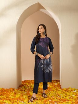 Ziyaa - Women Navy Blue Chinon Straight Kurta & Pant (Set of 2)