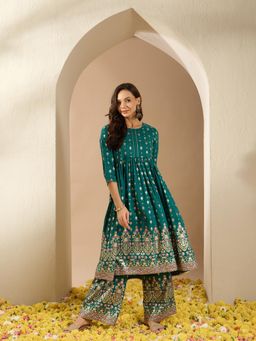 Ziyaa - Teal Chinon Flared Kurta & Palazzo (Set of 2)