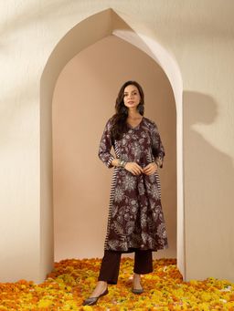 Ziyaa - Women Brown Crepe A-Line Kurta & Pant (Set of 2)